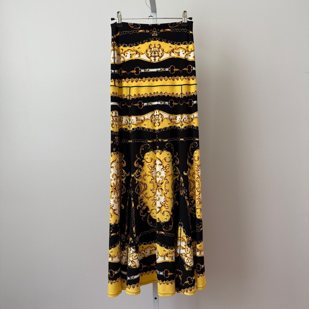 Eva Varro MobWife Baroque Medusa Chain Print Flowy Maxi Skirt XS Black Yellow